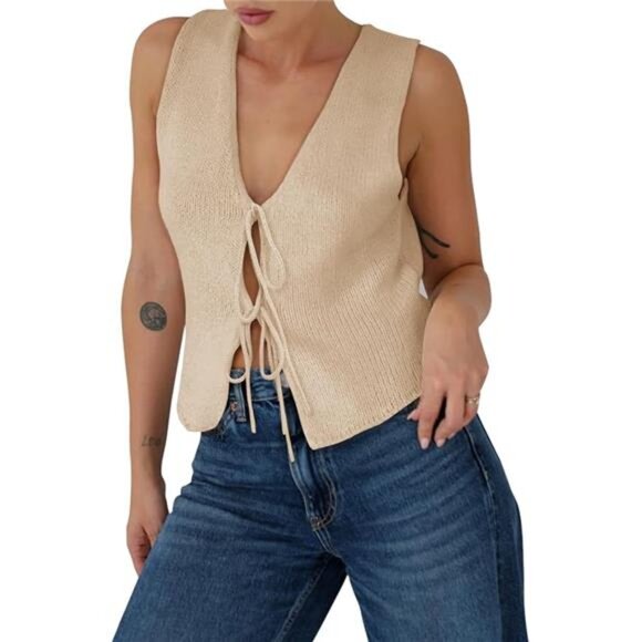 ✨ Tie Front Crochet Knit Sweater Vest – Ribbed Sleeveless Tank Top - Picture 5 of 5